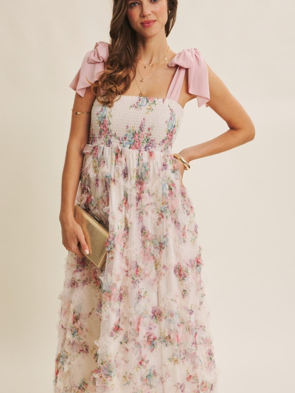 Textured Floral Smocked Midi Dress Tie Straps - Picture 4 of 11